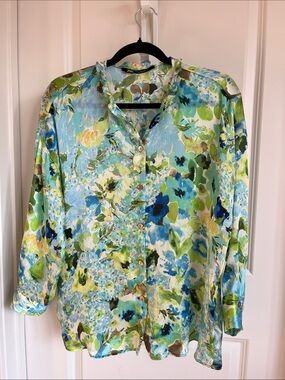 Zara Blue Green Floral Button-Front Ruffle-Collar Blouse